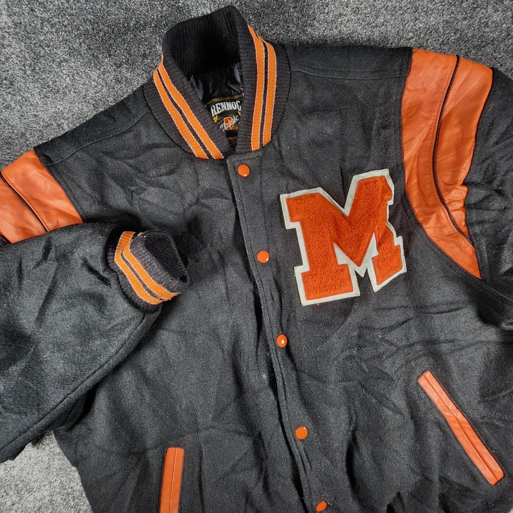 VTG Rennoc Classic Varsity Jacket Mens XL Black Orange Wool Leather Made in USA